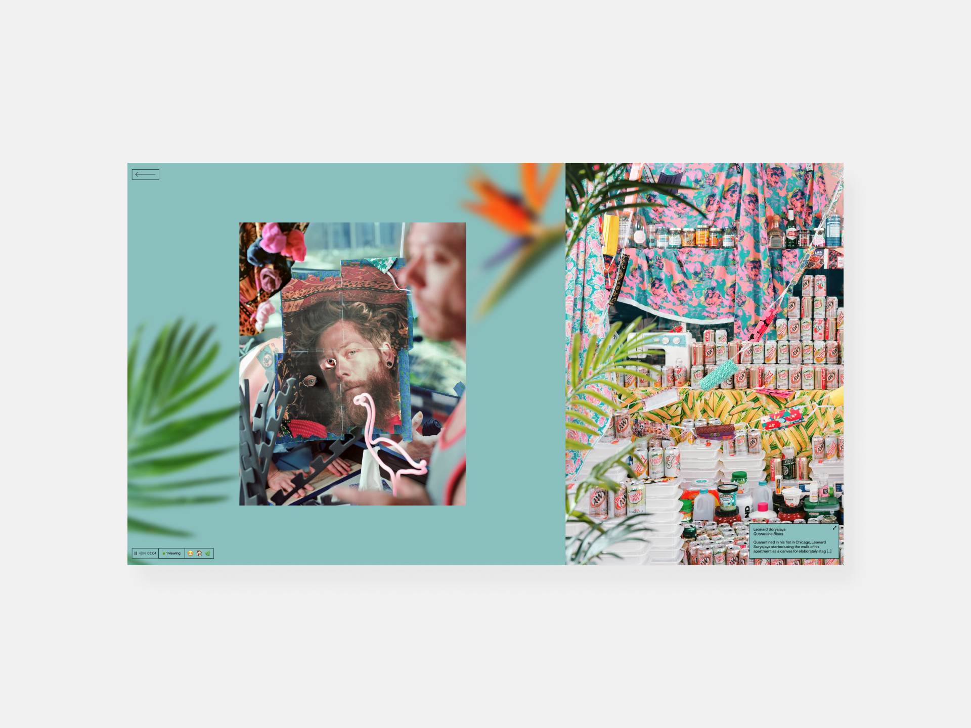 This slide showcases the first part of Leonard artist project page. Two beatiful pictures: the first is a colorful collage where the main subject is a man looking stright into the camera lense. The second image is a colorful image where the main motive are 
